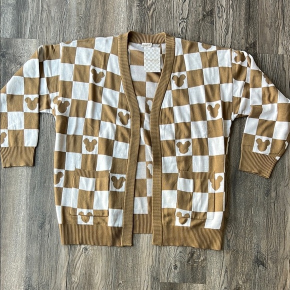 Magical Little Babes Sweaters - Disney Sweater Brown and White Checkered Mickey Mouse Cardigan Size Large